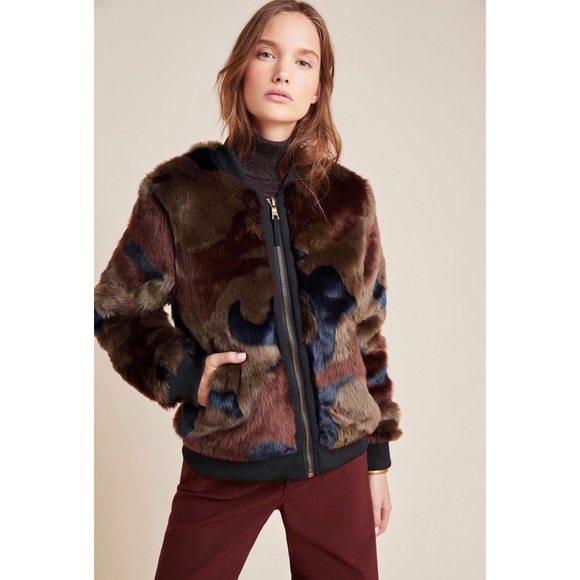 Anthropologie Camo Faux Fur Bomber Jacket New L - Picture 4 of 13